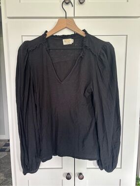Nation LTD Black Ruffle-Trim V-Neck Long Sleeve Top